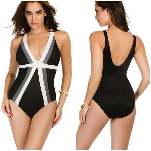 Miraclesuit NWT Spectra Trilogy One Piece Swimsuit Colorblock Size 12 Black Gray - Picture 1 of 14